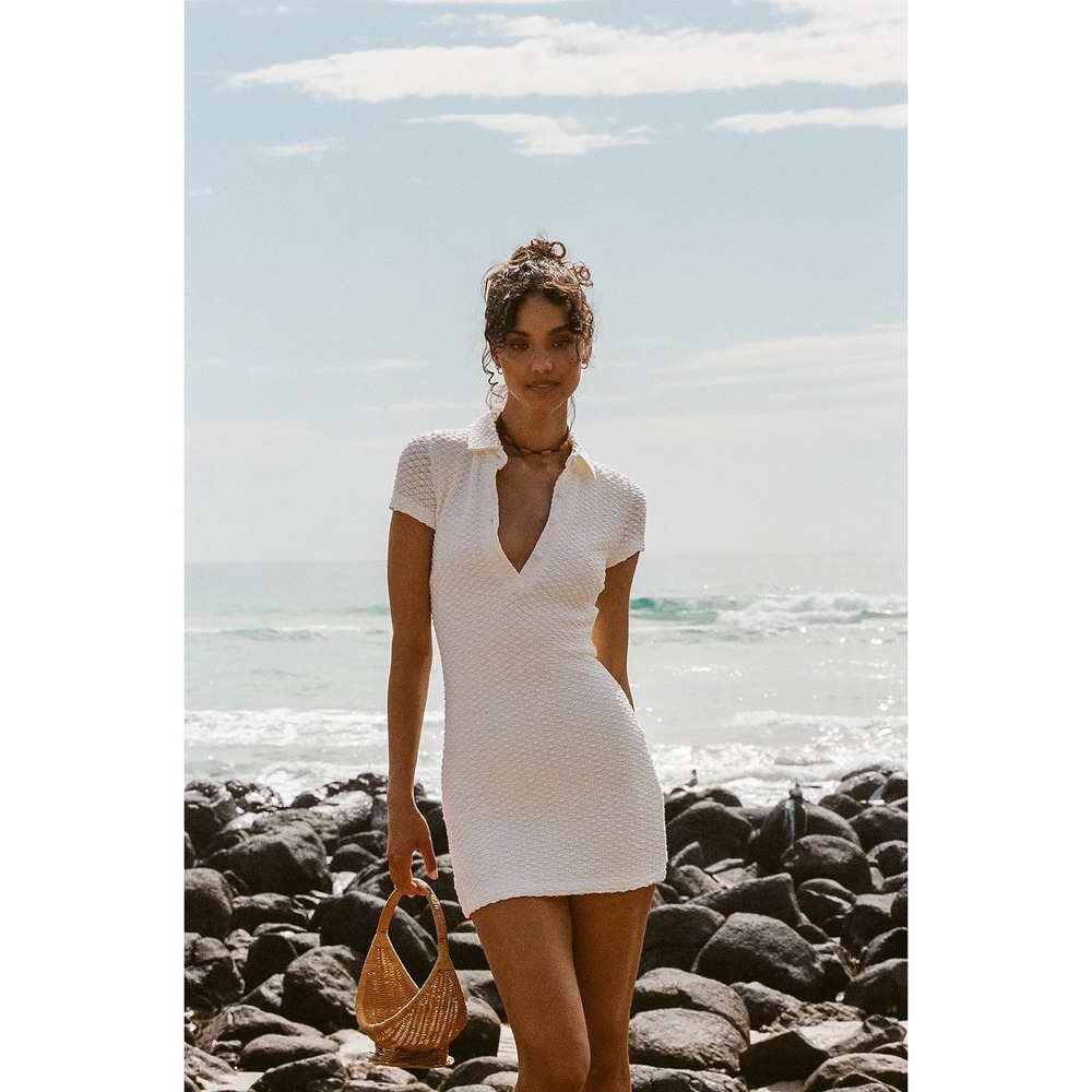 Sabo Stasia Dress White Textured Mini Button Front Collar Size Small NWT